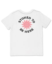 Load image into Gallery viewer, Feather 4 Arrow white stoked to be here tee